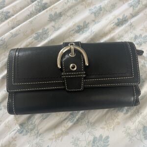Vintage Coach Black 90s Long Tri Fold Wallet With Check Book Silver Buckle SOHO